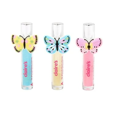 Claire's Accessories 3-Pack of Glitter Shimmer Lip Glosses in Blue, Clear, and Pink with Butterfly Decals