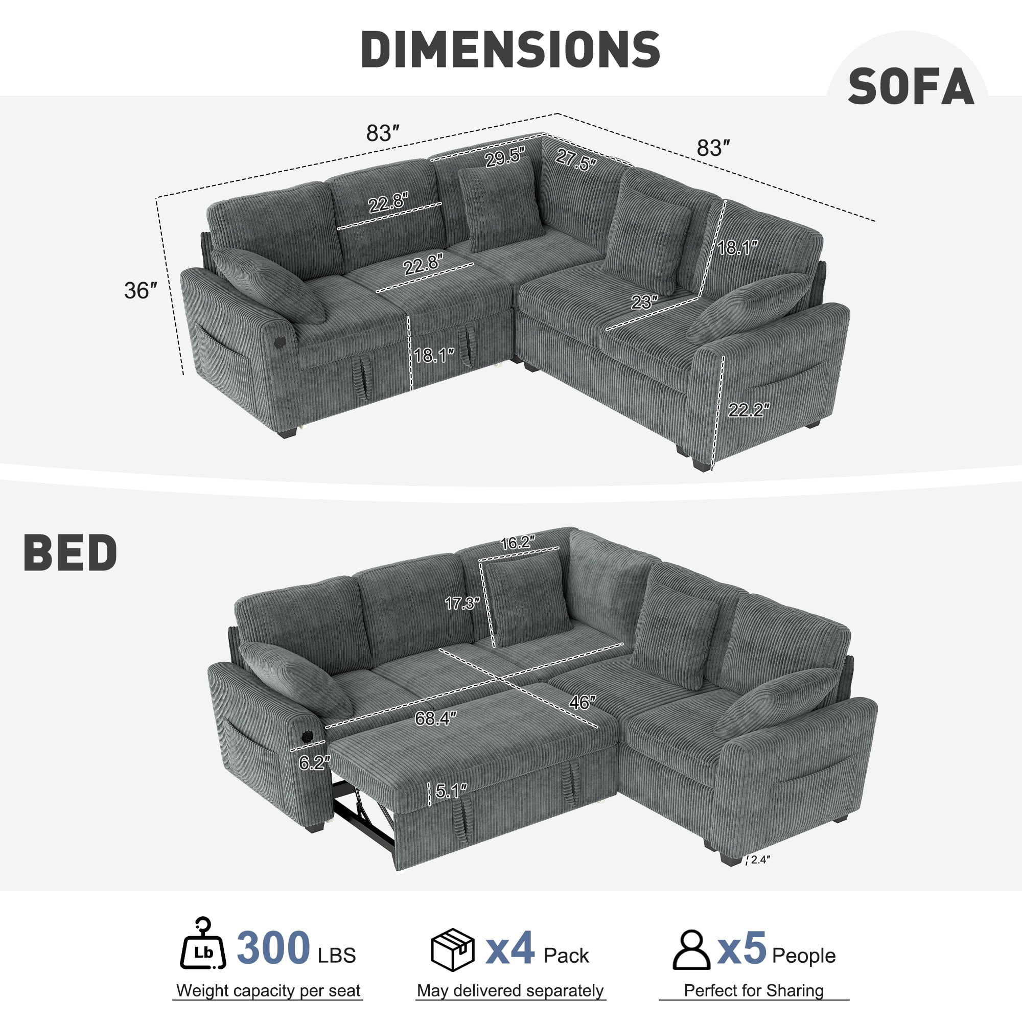 BedLuxury 83 Sectional Sleeper Sofa with Pull Out Bed L Shaped Couch with Storage Seat for Living Room Gray