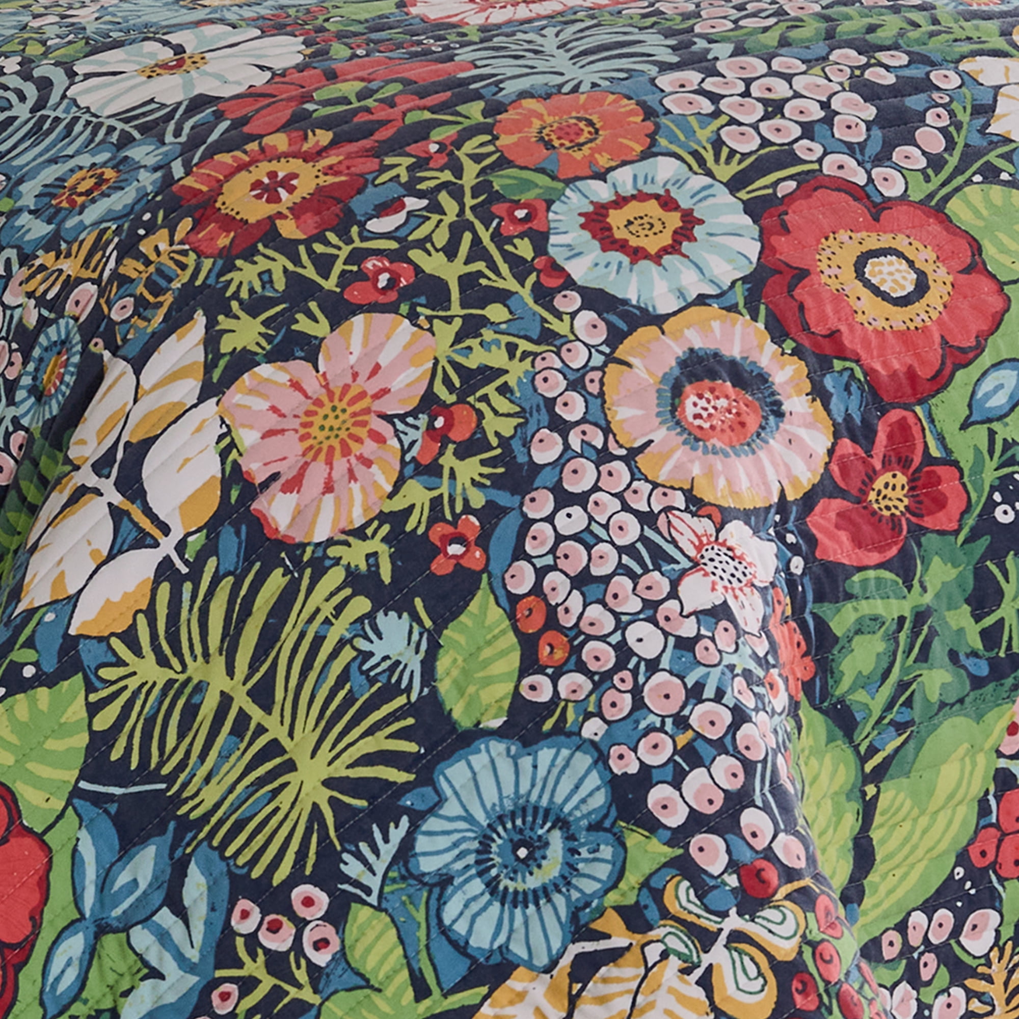 Levtex Home - Night Garden Quilt Set - Full/Queen Quilt and Two Standard Shams - Bold Floral - Navy Red Pink Green Ochre White - Quilt (88x92in.) and Shams (20x26in.) - Reversible - Rayon/Cotton