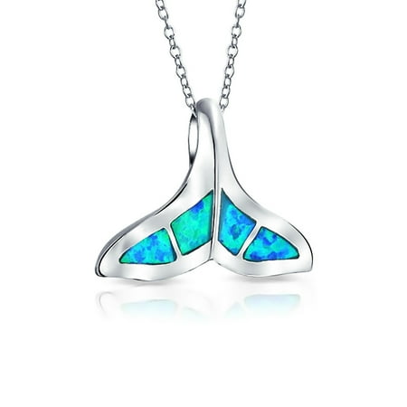 Nautical Blue Inlay Created Opal Fish Fin Whale Tail Pendant Necklace For Women For Girlfriend 925 Sterling Silver