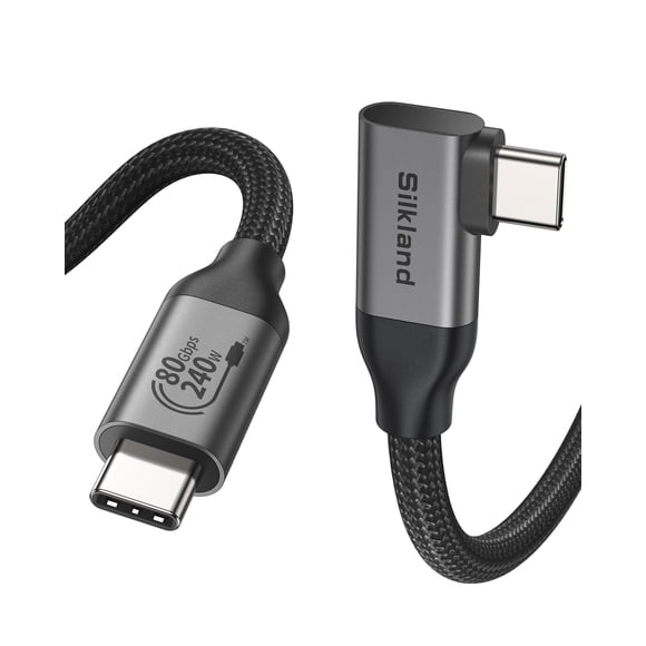 Silkland 80Gbps Right Angle USB 4 Cable for Thunderbolt 5 Cable 6.6FT, 120Gbps Bandwidth for 16K/Dual 8K, 240W, 90 Degree Braided USB C Video Cable C