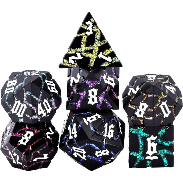 Maywin Dice Set D&D Dungeons And Dragons Juego de dados de metal con caja de dados poliédricos con brillo agrietado para juegos de rol (negro mate, 7 colores)