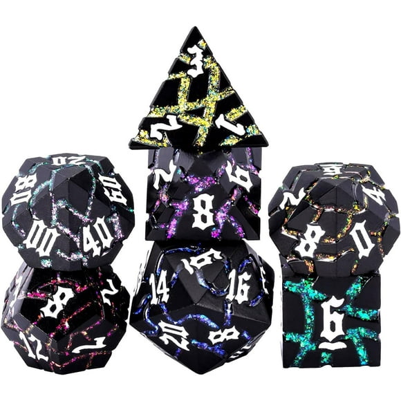 Maywin Dice Set D&D Dungeons And Dragons Juego de dados de metal con caja de dados poliédricos con brillo agrietado para juegos de rol (negro mate, 7 colores)