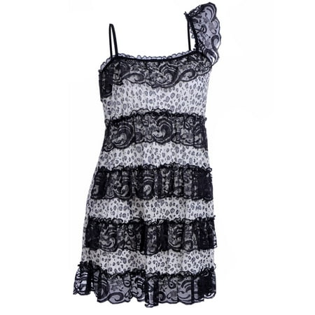 Black Negligee - Anna-Kaci S/M Fit Black and Beige Leopard Print Horizontal Lace Trim Negligee