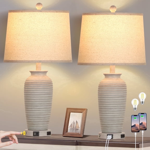 Cinkeda 25" Farmhouse Jar Table Lamps for Living Room Bedroom Set of 2 with USB A C Ports AC Outlet 3 Way Dimmable Touch Control Resin Bedside Nightstand Lamp