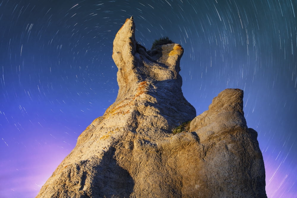 Light painting on La Montagnaise and star trails Ile Nue de Mingan Mingan Archipelago National Park Reserve of Canada Cote-Nord Duplessis region Quebec Canada Canvas Art - Yves Marcoux Design Pics (1