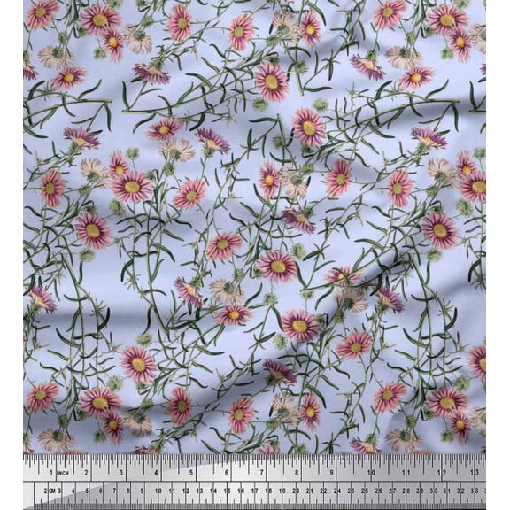 Soimoi Poly Georgette Fabric Leaves & Aster Floral Print Sewing Fabric Yard 42 Inch Wide
