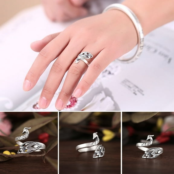 Opvise Vintage Silver Pleated Engraved Peacock Women Open Ring Finger Jewelry Gift