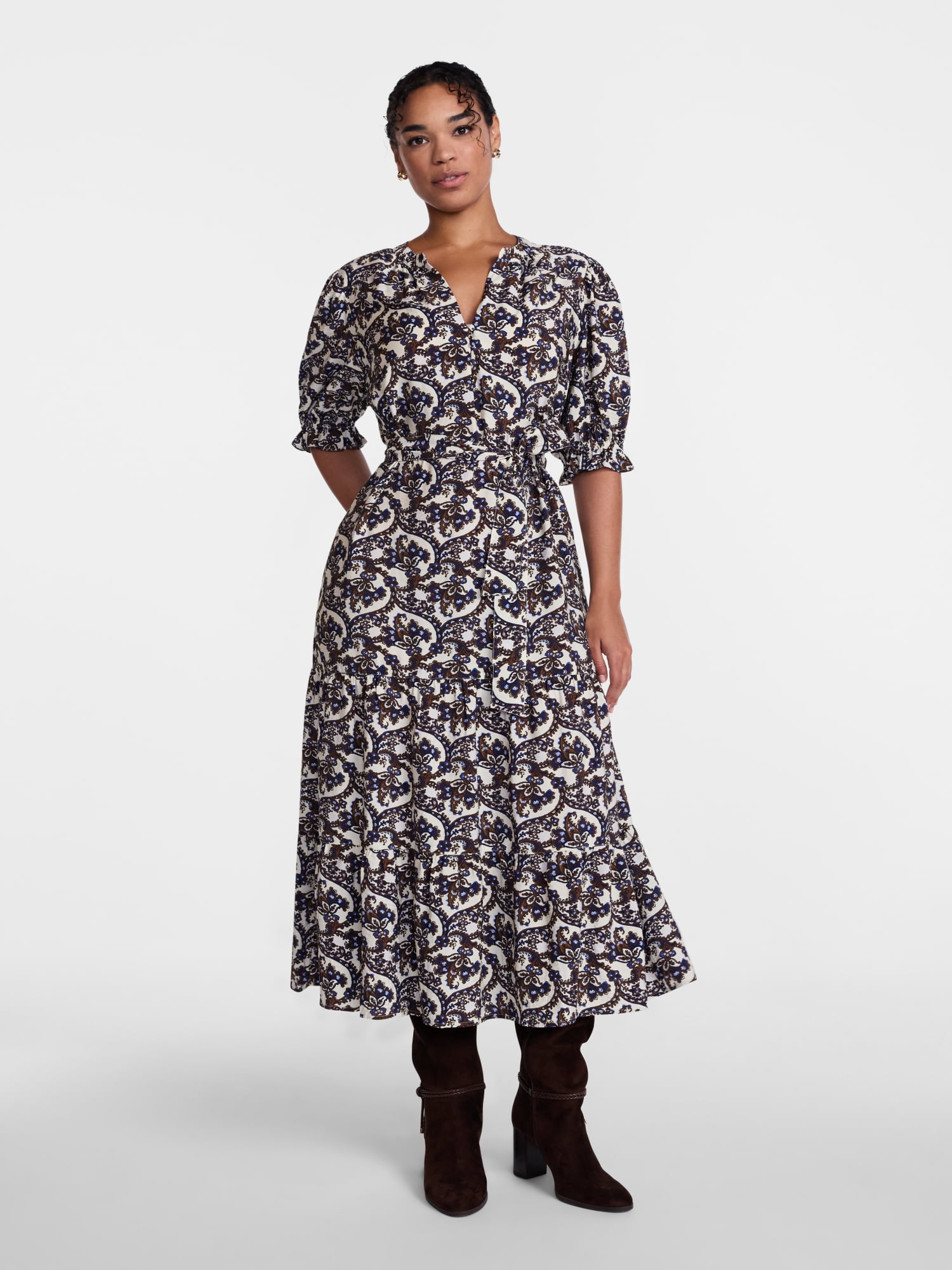 Scenario Women's and Women's Plus Tiered Midi Dress with Short Sleeves, Sizes XS-4X