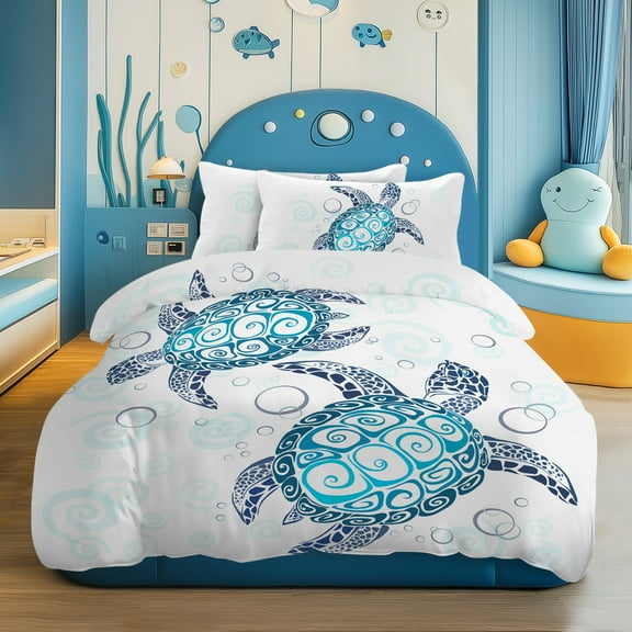 BlessLiving 3Pcs Turtle Duvet Cover Set King for Adult White Bedding Set Comforter Covers