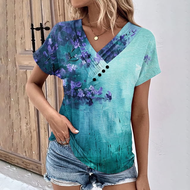 Fiudx Liquidación de Ofertas Flash Top Informal de Primavera y Verano de Manga Corta con Cuello En V para Mujer