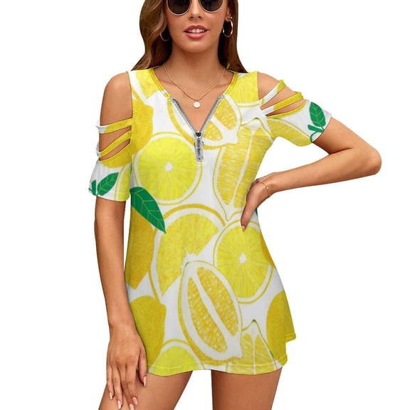 2024 Lemon Harvest Ruffle Short Sleeve T-Shirt V Neck Shirts Pattern Cute Tops Casual Tee Pattern Fruit Floral Flowers Fresh Nature