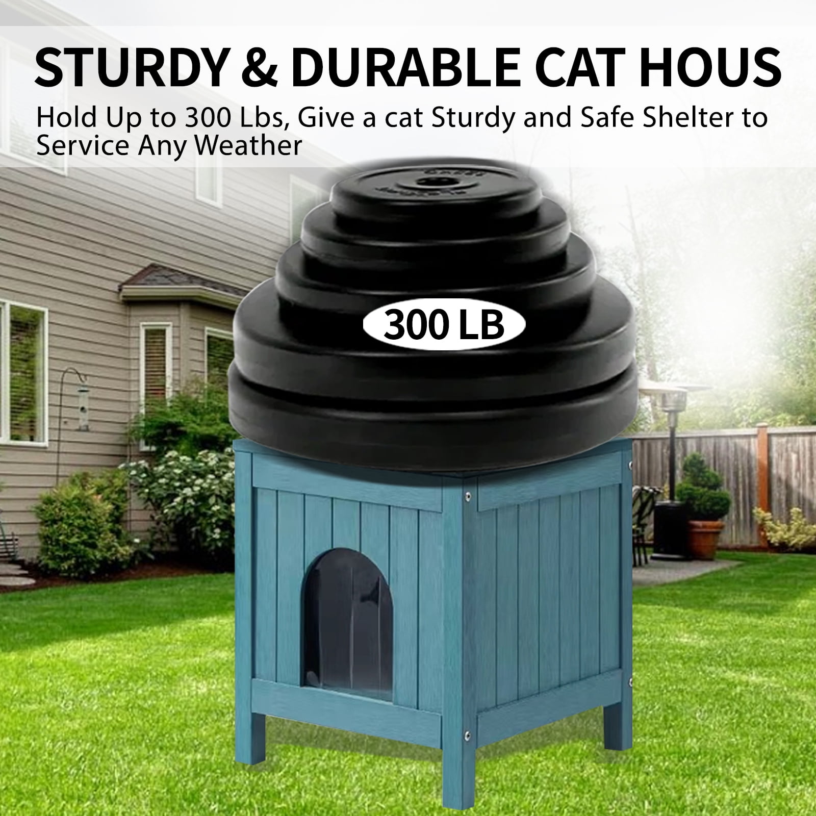 GONICHA Insulated Cat House, Weatherproof Poly Lumber Outdoor Cat House, Moisture-Proof Elevated Cat Shelter with Side Table Function, Openable Roof to Easy Cleaning Cat Houses for Outdoor Cats-Blue