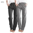 thumbnail image 2 of Wyobmus 2PC Cotton Linen Pants for Women Casual Solid Color Drawstring Loose Pants Straight Wide Leg Trousers With Pocket C-Black, 2 of 9