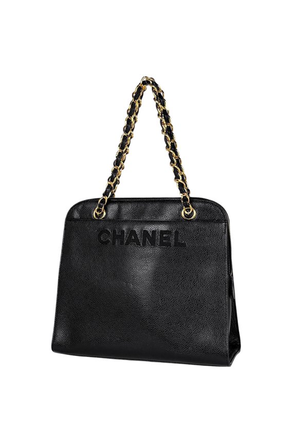 Pre-Owned Chanel logo chain tote bag, caviar leather, black, A08913, women's.