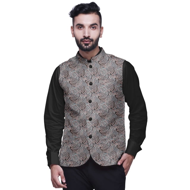 Atasi Black Abstract Printed Wedding Jackets For Men Nehru Jacket Waist Coat For Festive Season-Medium