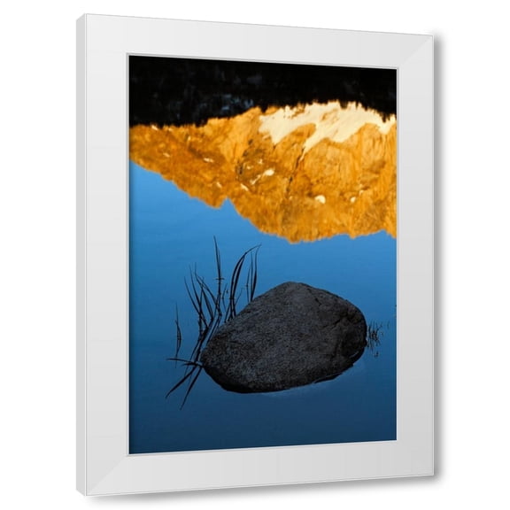 Adam Jones 4x14 White Modern Wood Framed Wall Art Titled - Boulder and grass stems in Alpine tarn-Tuolumne Meadows sunrise-Yosemite National Park-California