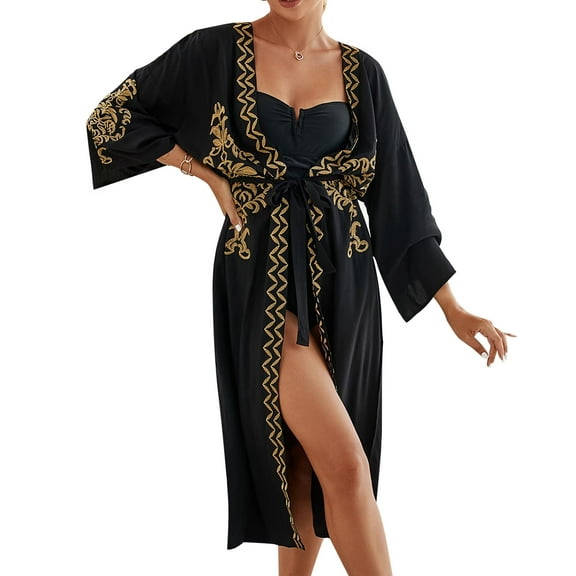 EDOLYNSA Black Kimono Cardigans for Women Gold Embroidered Swimsuit Cover Up Summer Outfit