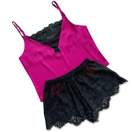 

Knosfe Women Loungewear Satin Pj Sets Cami Shorts Set Eyelash Two-piece Pajamas Set Sleepwear Floral Pjs XXL