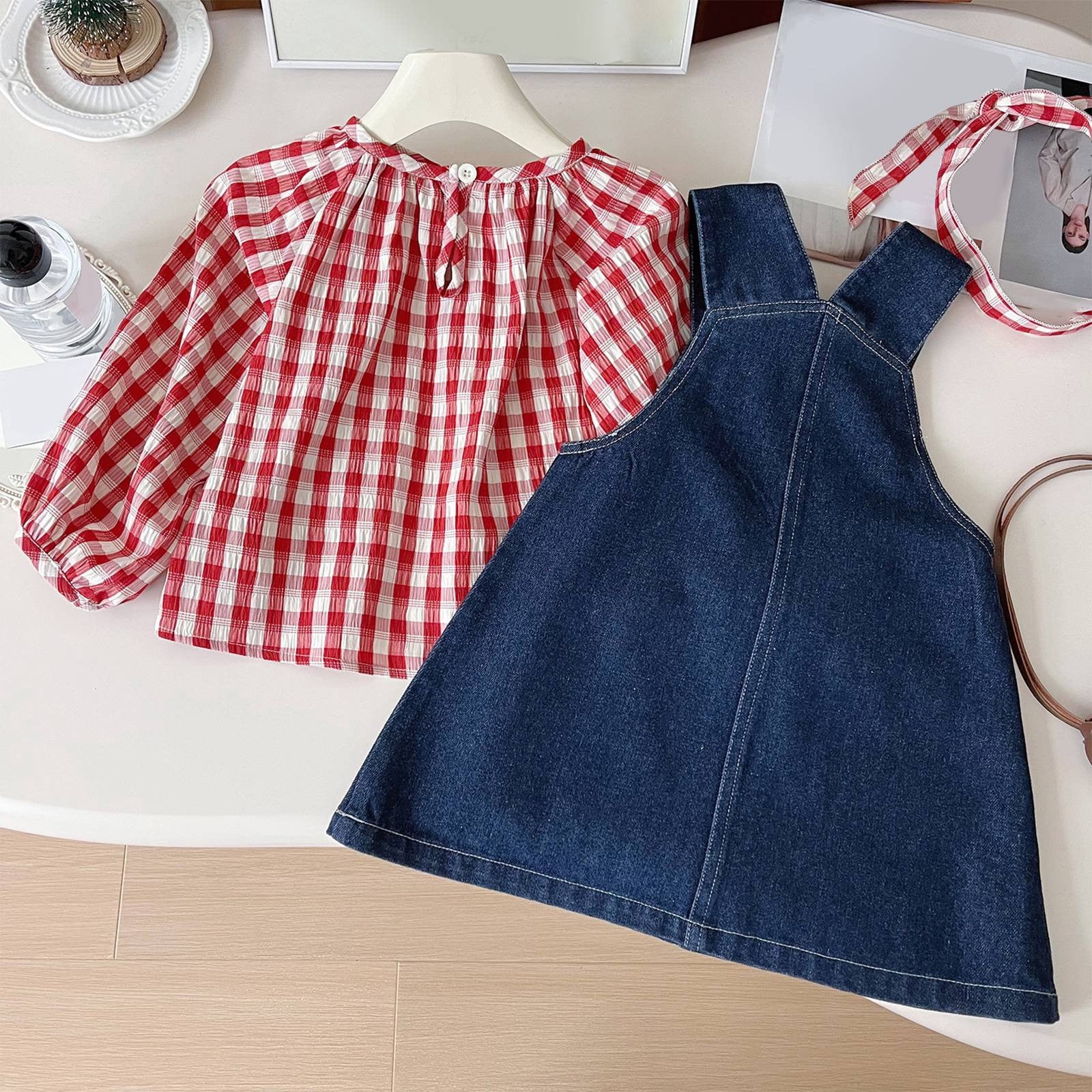 JCCXIN Girls Outfit Sets Toddler Denim Dress Shirt 2 Piece Outfit Sets Casual Spring Fall Baby Girl Clothes Sets Soft Jeans Overalls Tops Combo Fashionable Dailywear
