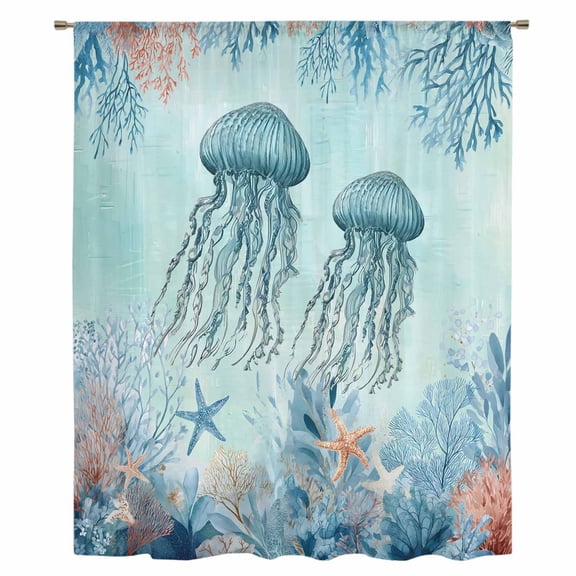 Blue Coastal Nautical Sheer Curtains 96" Long, Summer Ocean Starfish Coral Jellyfish Light Filering Curtains, Privacy Drapes Simi Floor to Veiling Curtain for Living Room Large Window Treatment