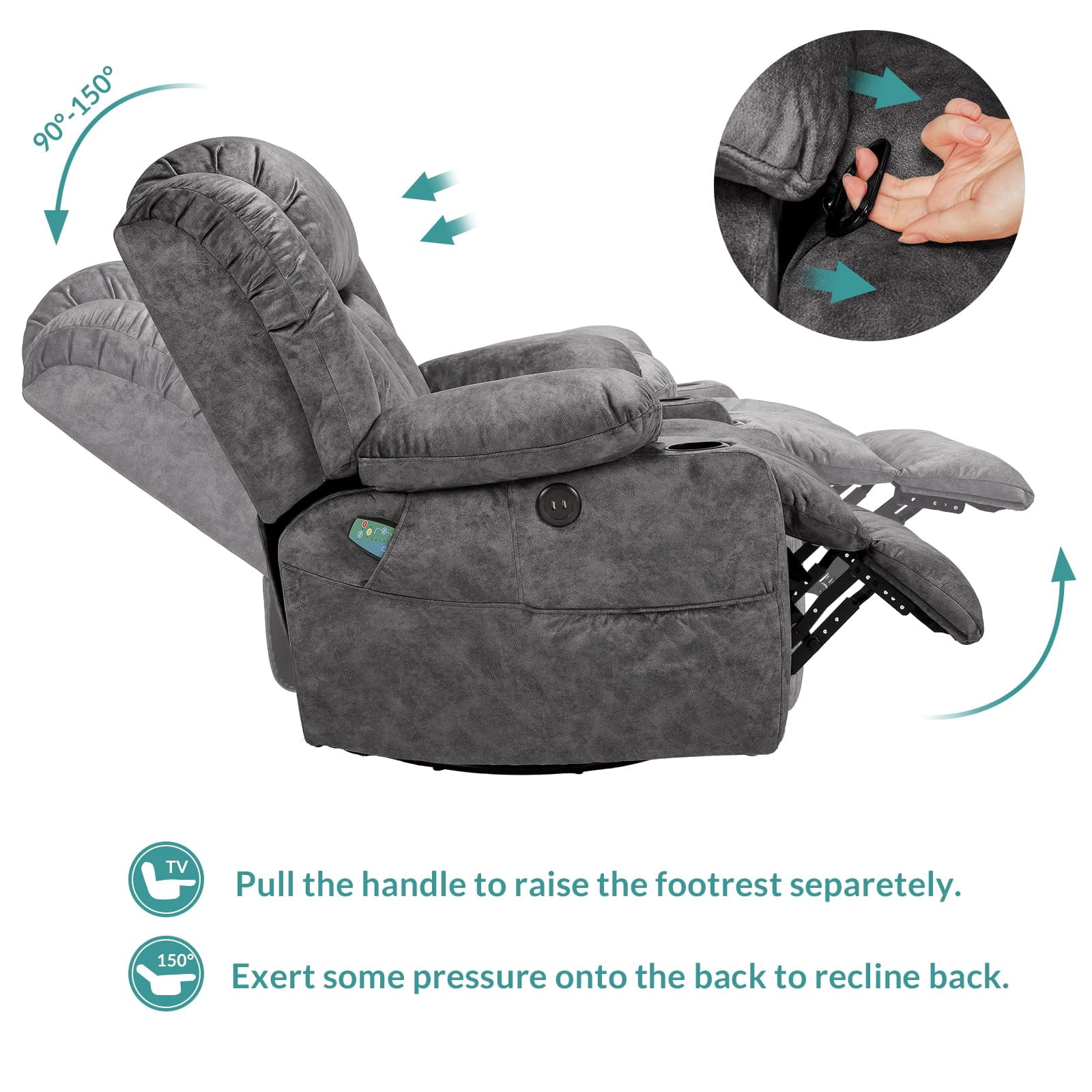 MEETWARM Massage Swivel Rocker Recliner with Heat and Vibration, Manual Glider Rocking Recliner Chair, 360°Swivel Lounge Reclining Chair with USB Ports/Cup Holder/Remote Control(Plush-Gray)