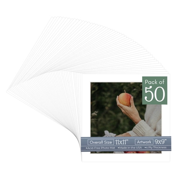 White Picture Frame Mat for 11x11 Frames - Fits 9x9 Photos - 50 Mats