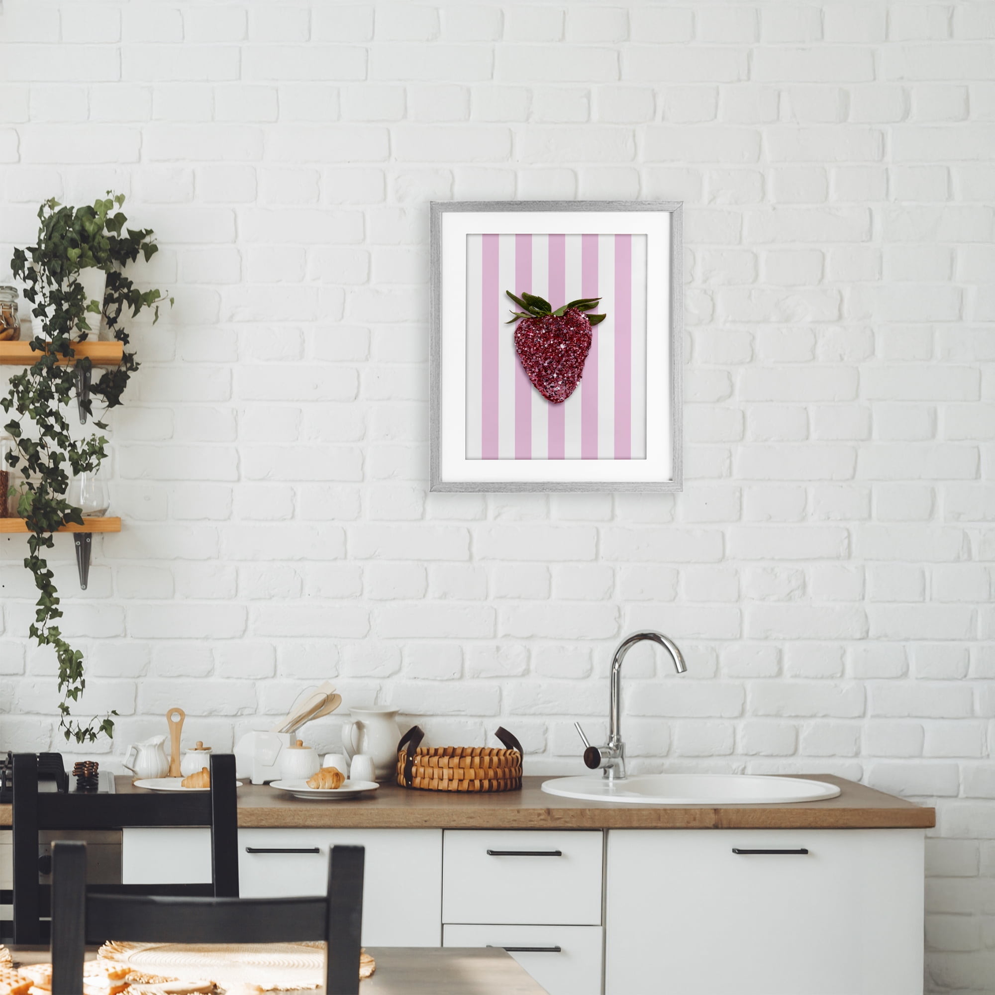 Stupell Industries Glimmer Strawberry on Green Stripes Gray Framed Print Under Glass, design by LISH Creative