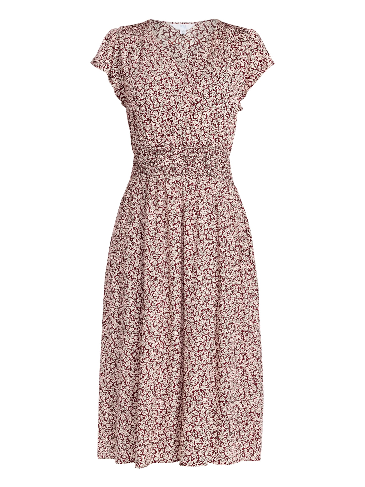 Time and Tru Women’s and Women’s Plus Smocked Waist Midi Dress with Flutter Sleeves, Sizes XS-4X