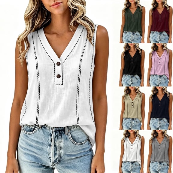 GERsome Tank Tops for Women Button Down V-Neck T-Shirts Loose Fit Sleeveless Summer Tops White Size L