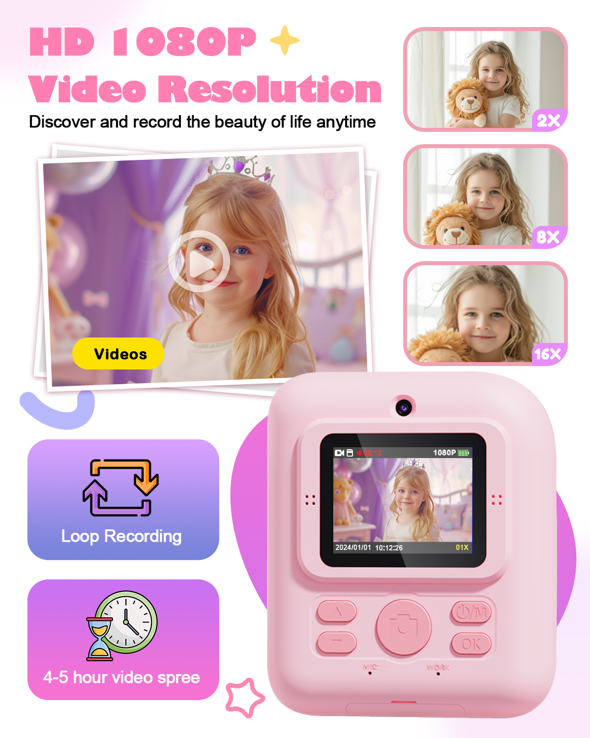 Seckton Dual-Lens Kids Instant Print Camera 1080P Pink photo 6