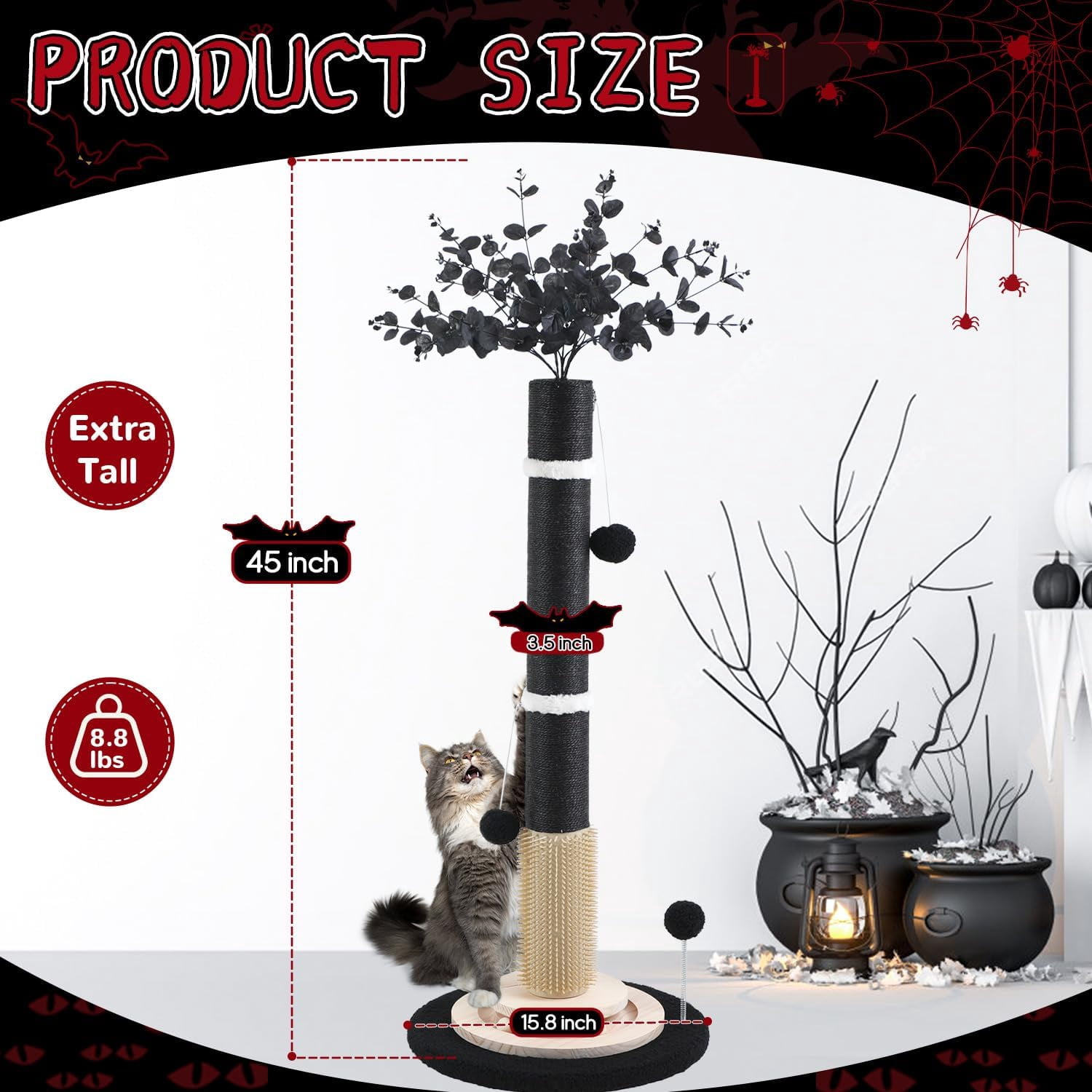 Gothic Black Cat Scratching Post with Sisal Rope, Interactive Ball Toys, and Self-Groomer Brush for Large Indoor Cats