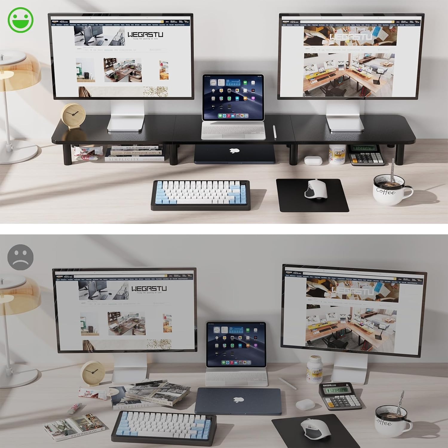 Extra Long Dual Monitor Stand - 43.7 Inch Wide Wood and Steel Desktop Riser for Home Office Desk Organization