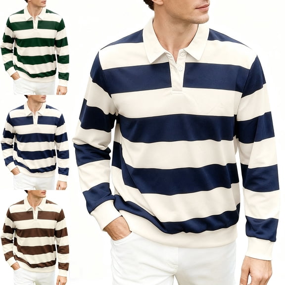 Zivyakyron Button Polo T Shirts for Men Knit Rugby Long Sleeve Striped Shirt Collared Casual Fall Colorblock Green 2XL