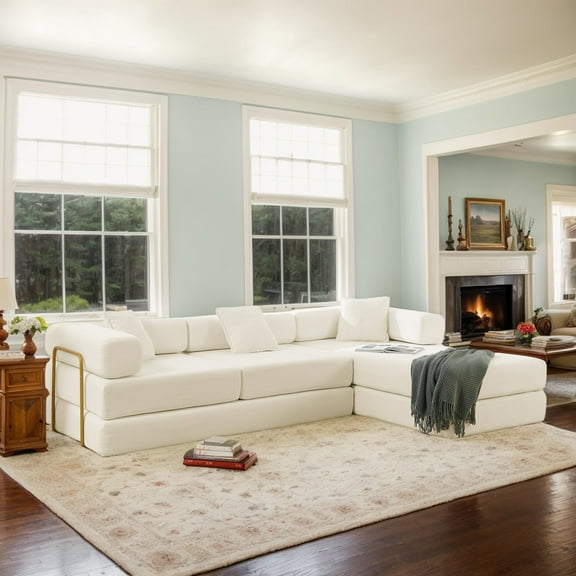 108" W Corduroy Convertible Futon Sofa Bed, Oversized Folding Sofa with Chaise & Pillows, No Assembly Required, Fixed-Shape Frame, Floor Lazy Boneless Couch for Living Room/Apartment