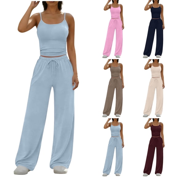Miluxas 2 Piece Outfits for Women Sleeveless Cami Top and Wide Leg Sweatpants Soft Casualwear Set Wine