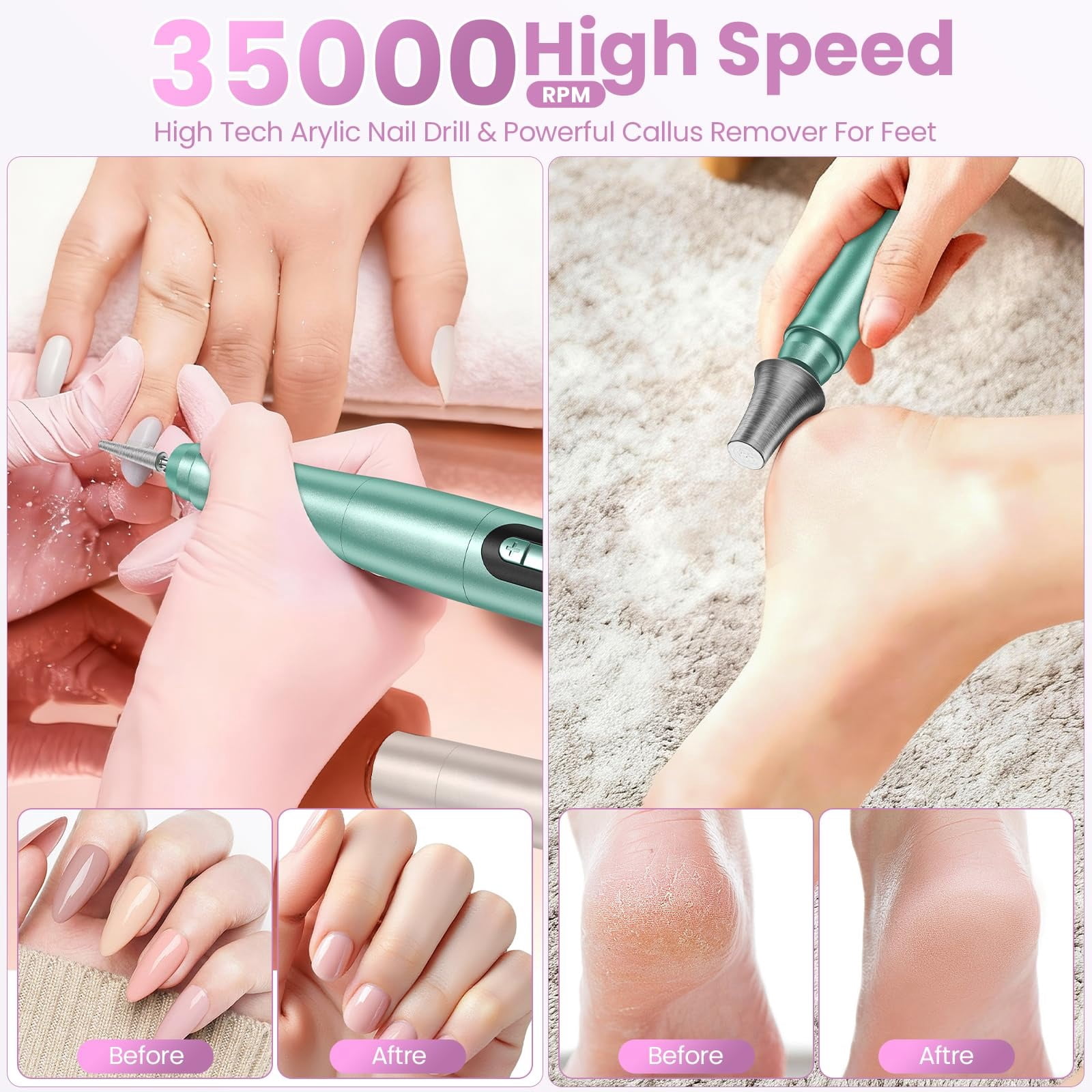 Cordless Nail Drill 35000RPM, LCD Display Low Noise Nail File Kit, Portable Manicure Pedicure Tool for Acrylic/Gel Nails, with 9 Drill Bits & Sanding Bands