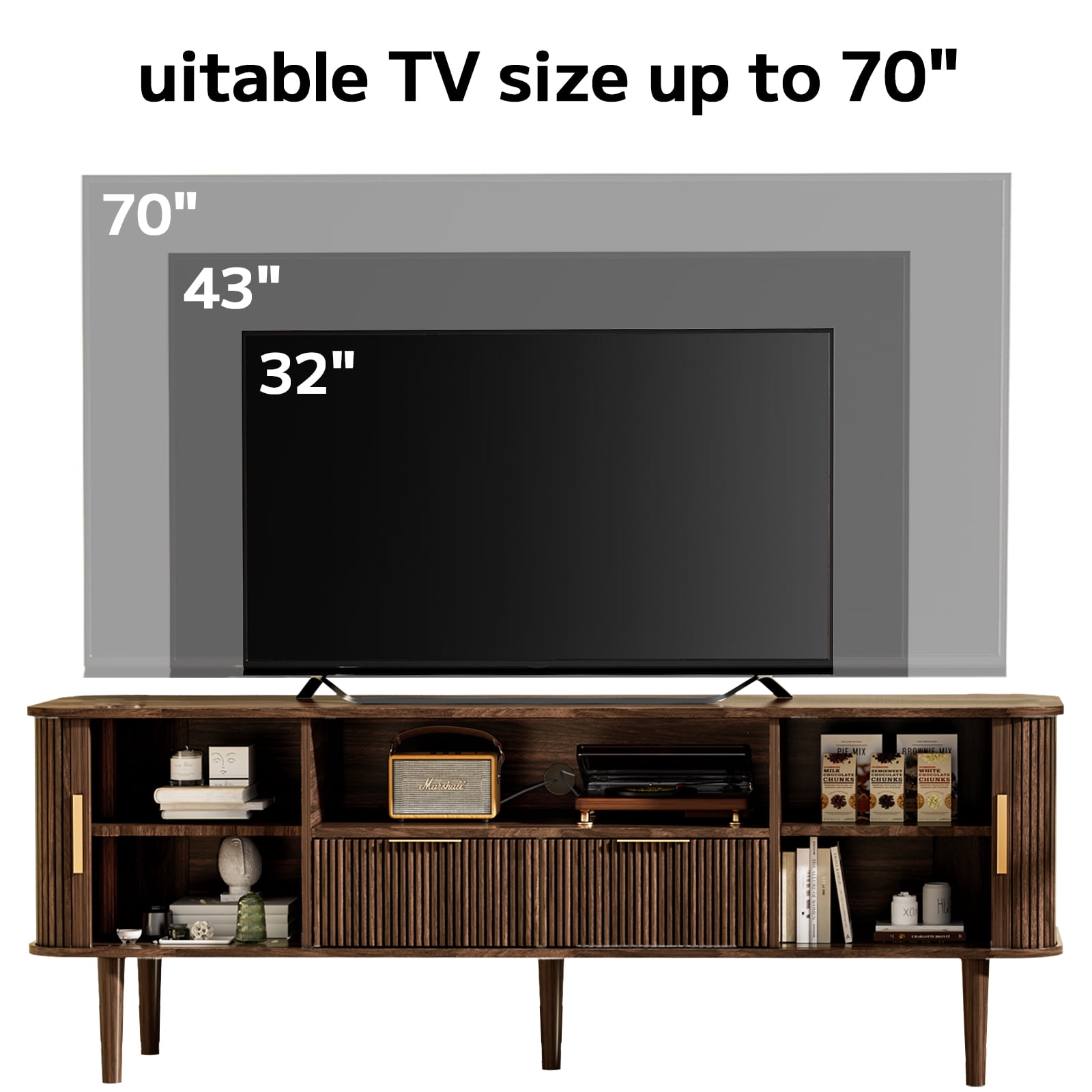 TV Stand 62.4 Inch Mid Century Modern Media Console Table with Drawer Shelves Sliding Tambour Door Farmhouse Sideboard Buffet Cabinet Fits TVs up to 75 inch Fluted Wood Entertainment Center