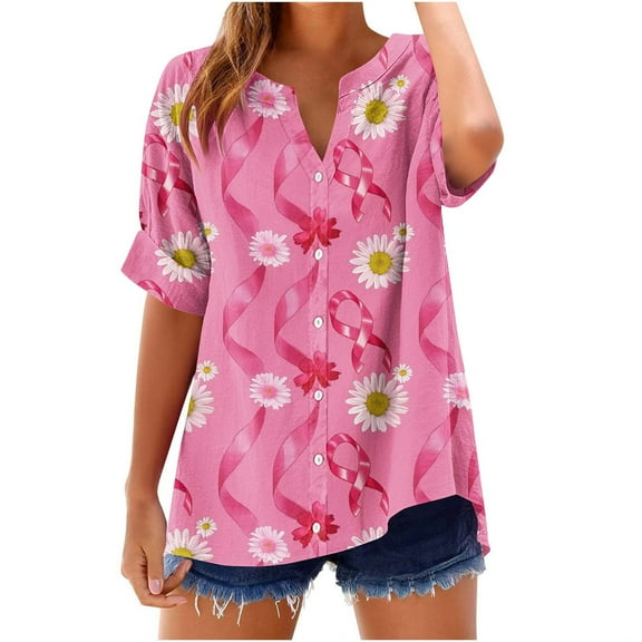 QQAMB Womens T-Shirts 3/4 Sleeve Button Tops V-Neck Summer Outfits Retro Floral Graphics V-Neck Shirts Beach Vacation Blouses Pink 2XL