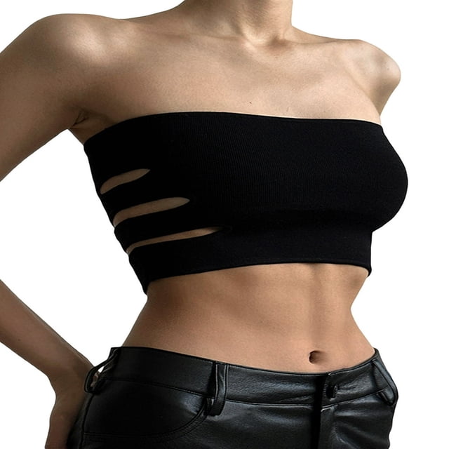 Women Tube Tops Solid Color Cutout Boat Neck Strapless Tank Tops Summer Backless Bandeau Shirts