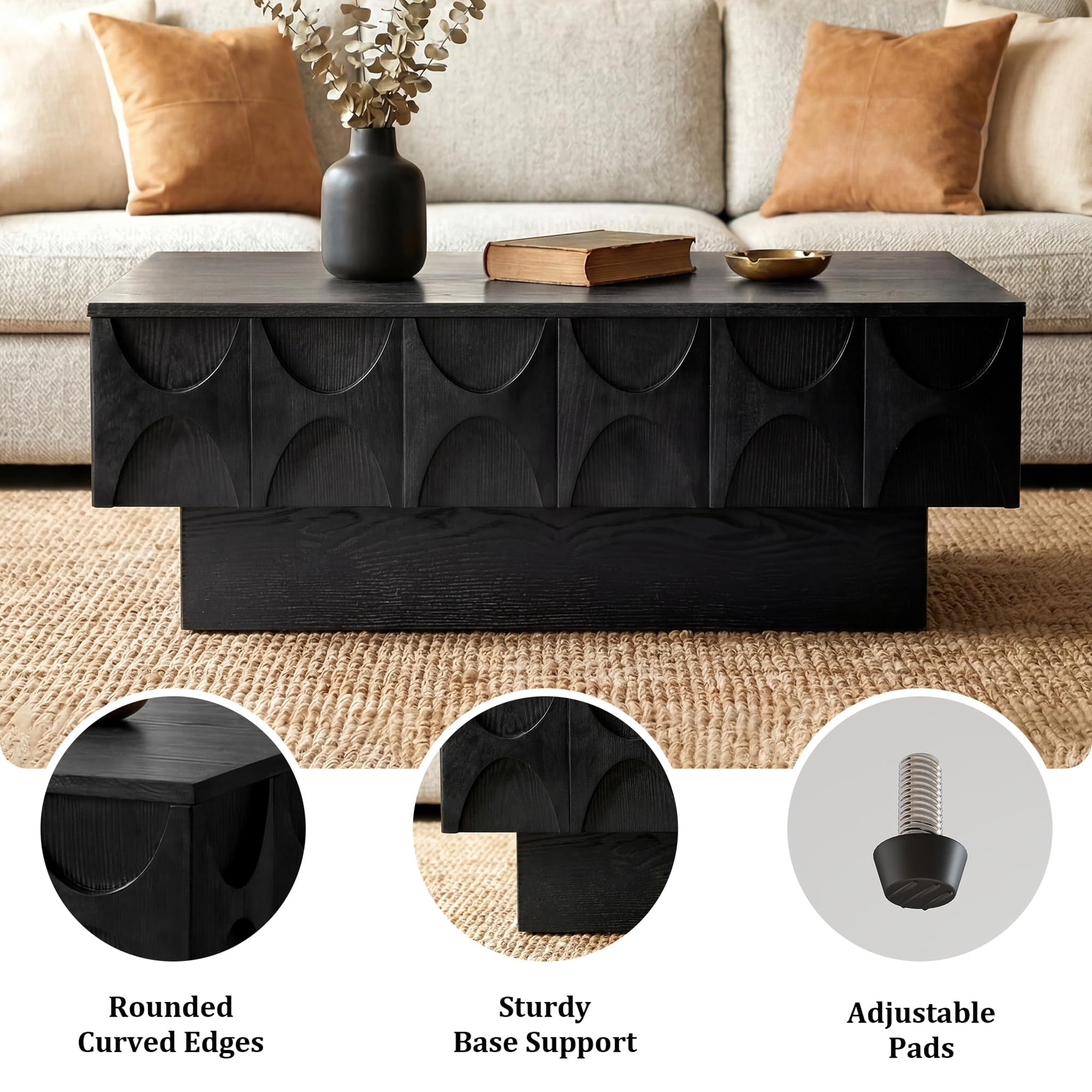 LKTART 38.6" Modern Coffee Table with Sliding Top & Hidden Storage, Solid Wood Veneer Mid Century Rectangle Center Table for Living Room Home Office, Black