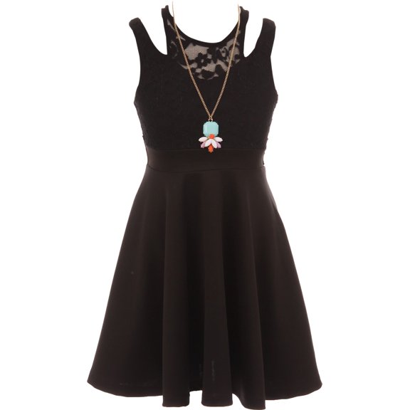 Little Girls Sleeveless Floral Lace Cut Out Shoulder Holiday Party Flower Girl Dress Black 4 (J21KS14)