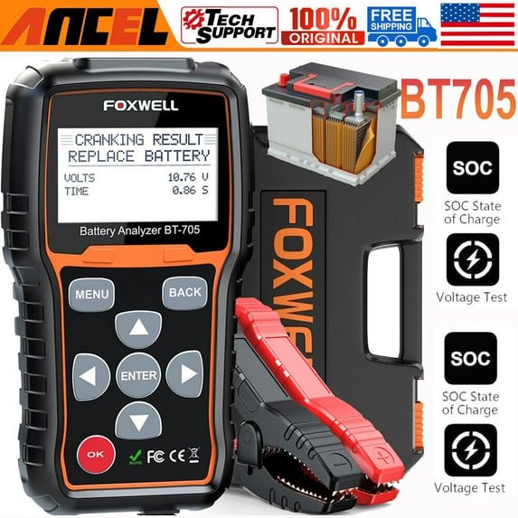 FOXWELL BT705 Testeur de Diagnostic de Batterie 12V 100-2000CCA, Testeur de Démarrage et de Charge de Voiture