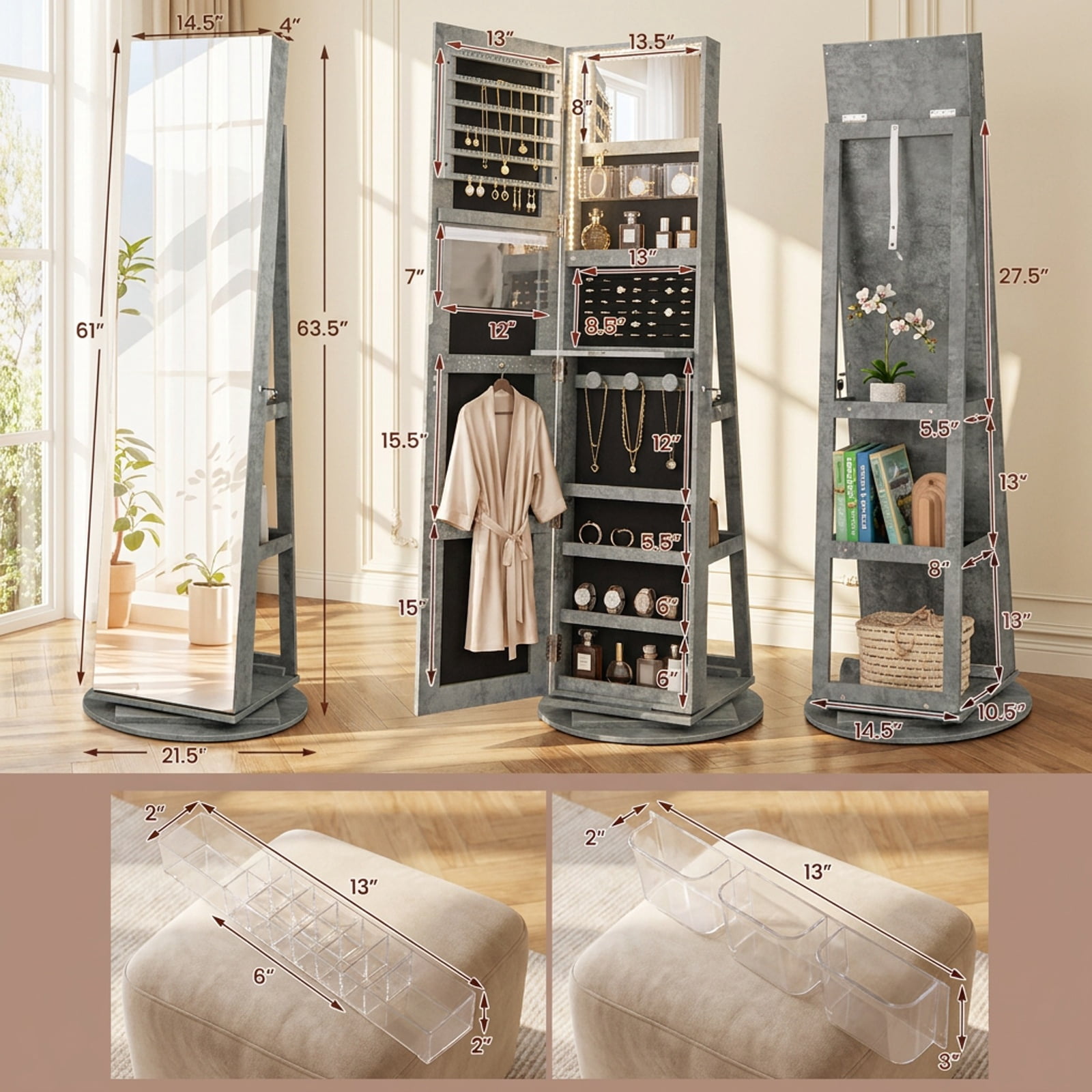 Furnibear 360 Rotating Mirrored Jewelry Cabinet Armoire with 3 Color LED and Lock in Green