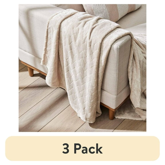 (3 pack) Better Homes & Gardens Textured Velvet Plush Soft Fleece Throw Blanket, Oversized, Papyrus Beige
