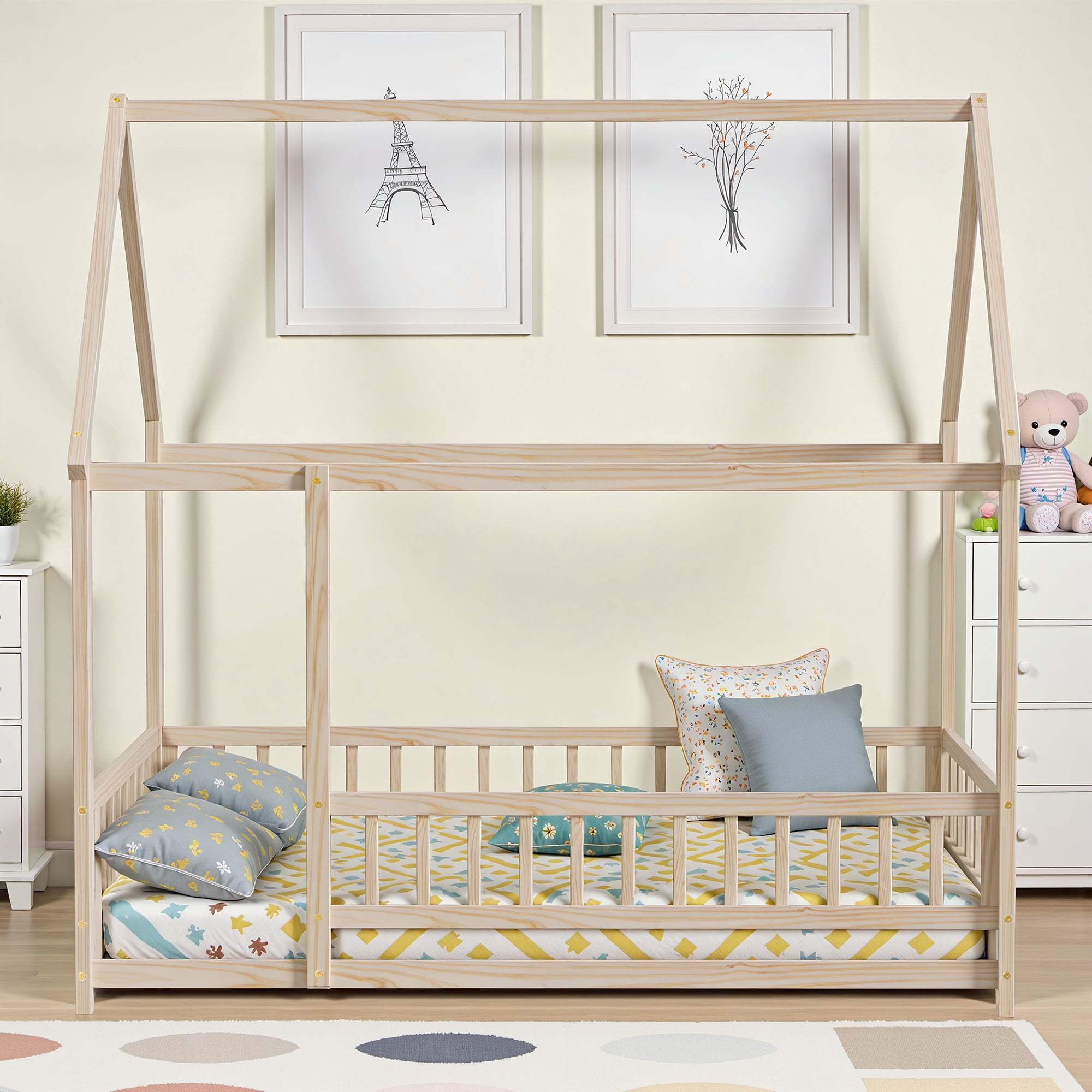 Full Size Floor Bed with Fence for Kids and Toddlers, Montessori Bed Playhouse Bed with Roof, Solid Wood Platform Bed Frame for Boys and Girls Bedroom, No Slats Included (Natural)