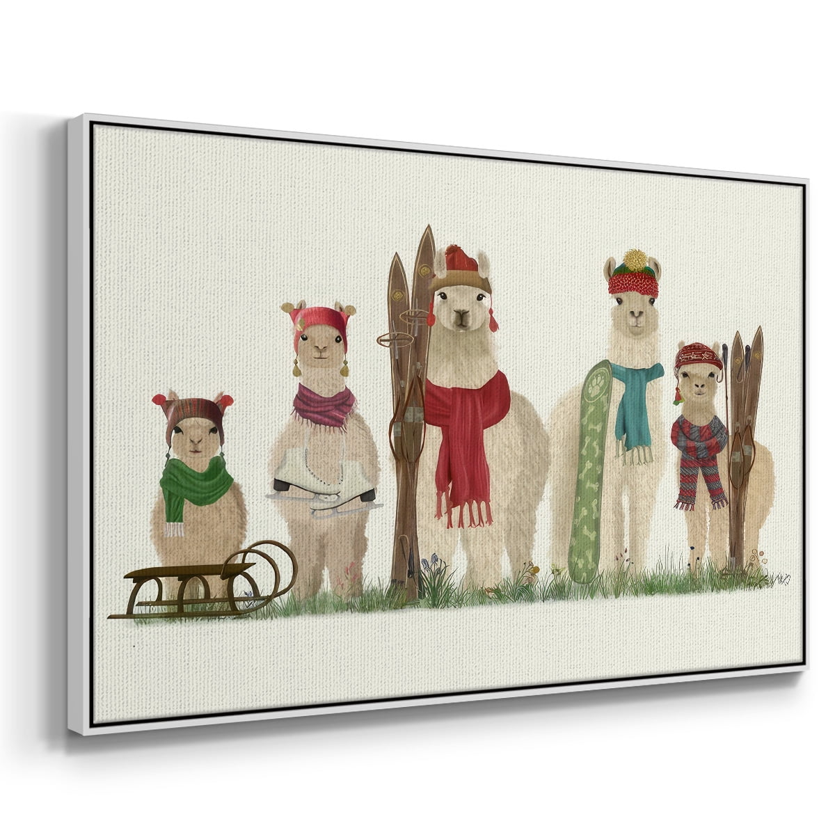 Llama Family Winter Sports - Framed Gallery Wrapped Holiday Canvas - 17 x 25 - White Frame