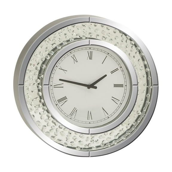 DecMode 20" Silver Glass Beveled Mirrored Wall Clock with Floating Crystals