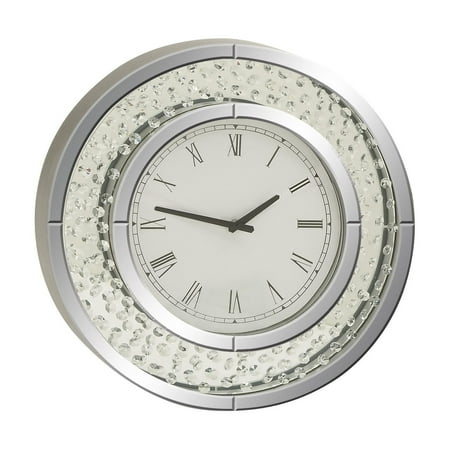 DecMode 20 Silver Glass Beveled Mirrored Wall Clock with Floating Crystals