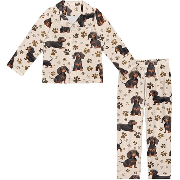 CONZONE Toddler Girls Pajama Set Long Sleeve Button Down Shirt and Pants Dog Print Soft Sleepwear 2 Piece Pjs Set Size 3-4 Years